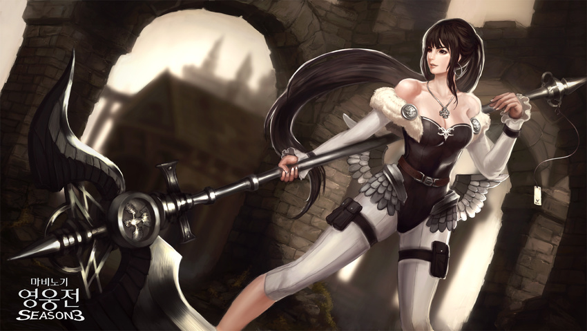 arch bare_shoulders belt brown_hair building collarbone detached_sleeves earrings edward_montenegro fur_trim jewelry long_hair mabinogi mabinogi_heroes necklace scythe skin_tight skindentation solo tower very_long_hair weapon