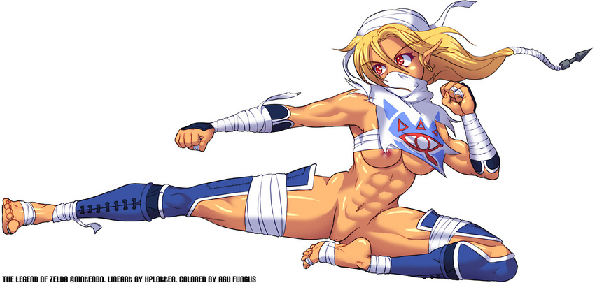 abs areola artist_name bandage barefoot blonde_hair breasts dark_skin earrings feet jewelry kicking long_hair navel nipples ocarina_of_time pointy_ears princess_zelda pussy red_eyes sheik soles tape the_legend_of_zelda the_legend_of_zelda:_ocarina_of_time toes toned xplotter