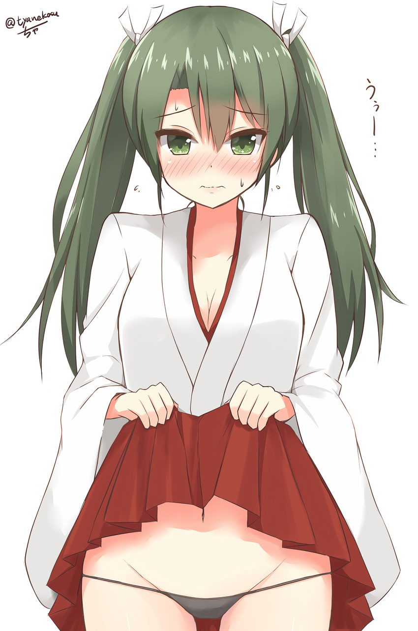 black_panties blush breasts chaa_(korone-ze) cleavage commentary_request cowboy_shot embarrassed flying_sweatdrops green_eyes green_hair hakama_skirt highres japanese_clothes kantai_collection long_hair looking_at_viewer lowleg lowleg_panties medium_breasts micro_panties miko miniskirt navel panties pleated_skirt red_skirt ribbon simple_background skirt skirt_lift solo sweat twintails twitter_username underwear wavy_mouth white_background white_ribbon zuikaku_(kantai_collection)