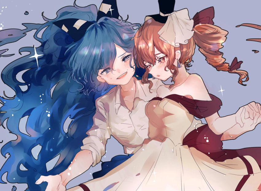 2girls :o alternate_costume bangs bare_shoulders beige_dress black_hat blue_background blue_bow blue_eyes blue_hair blue_skirt blush bow breasts brown_eyes brown_hair collarbone commentary_request cowboy_shot debt dress drill_hair earrings hair_between_eyes hair_bow hair_ribbon hand_holding hat highres jewelry long_hair looking_at_another medium_breasts mini_hat mini_top_hat multiple_girls off-shoulder_dress off_shoulder open_mouth pendant purple_ribbon ribbon shirt short_hair siblings simple_background sisters skirt sleeves_rolled_up smile sparkle suzune_hapinesu swept_bangs top_hat touhou twintails very_long_hair white_shirt yorigami_jo'on yorigami_shion