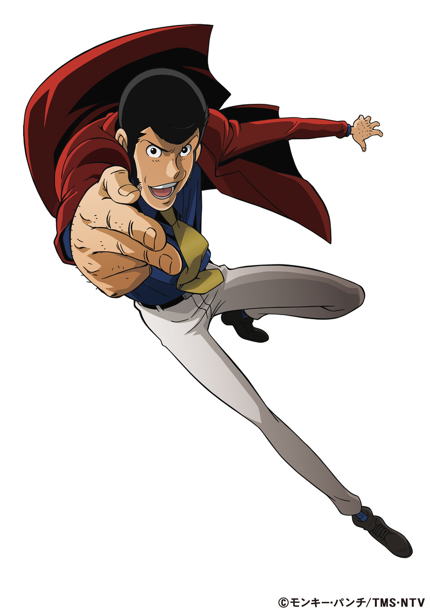 absurdres arsene_lupin_iii belt black_eyes black_hair blue_shirt dress_shirt foreshortening full_body highres incredibly_absurdres jacket leg_up long_sleeves looking_at_viewer lupin_iii male_focus necktie open_mouth outstretched_arms pants red_jacket shirt sideburns simple_background solo teeth white_background yellow_neckwear