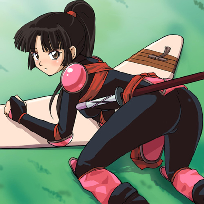 1girl all_fours ass blush bodysuit boomerang brown_eyes brown_hair haruyama_kazunori inuyasha long_hair ponytail sango solo sword weapon