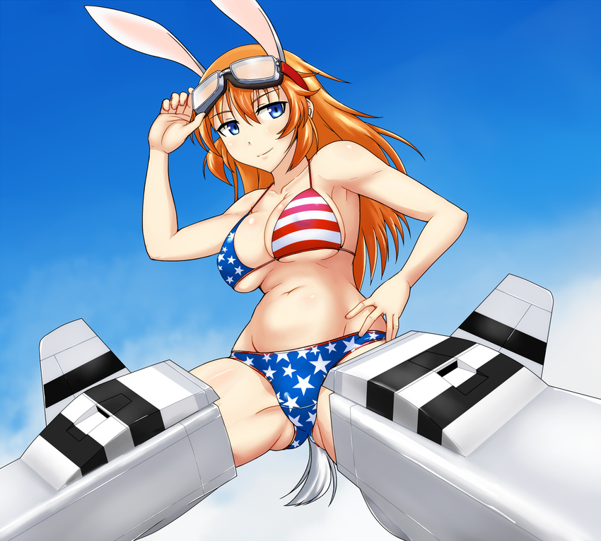 american_flag_bikini animal_ears bikini blonde_hair blue_eyes blush breasts bunny_ears charlotte_e_yeager crotch flag_print goggles groin highres kunashiri_(etorofu) large_breasts long_hair navel solo spread_legs strike_witches striker_unit swimsuit world_witches_series