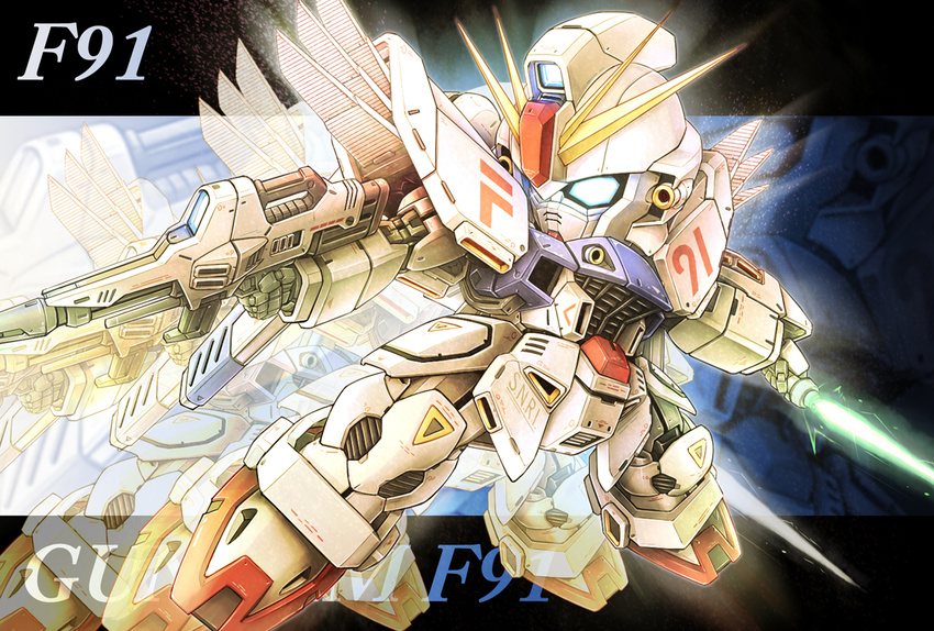 beam_rifle beam_saber character_name chibi copyright_name dual_wielding energy_gun f91_gundam flying glowing gundam gundam_f91 holding letterboxed mecha no_humans outside_border science_fiction solo takamaru_(taka1220) weapon zoom_layer