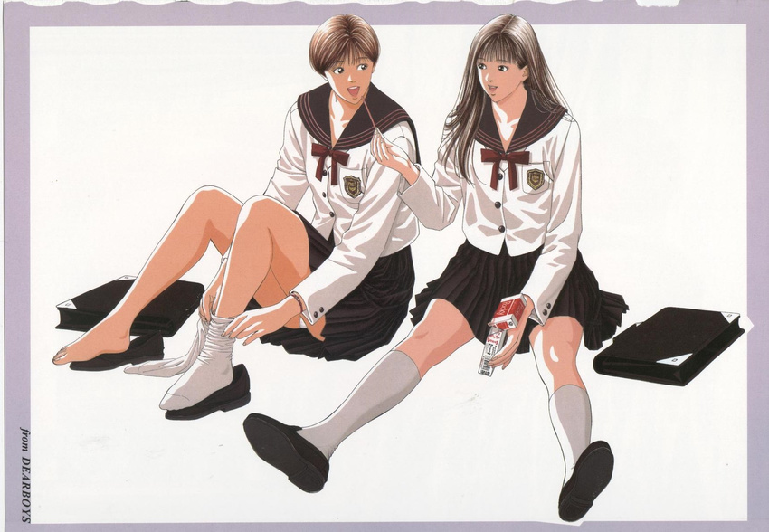 bag bangs barefoot brown_hair character_request dear_boys fingernails food friends highres kneehighs long_hair multiple_girls open_mouth panties pleated_skirt pocky ribbon sailor_collar scan scan_artifacts school_bag school_uniform serafuku sharing_food shoes_removed short_hair single_sock sitting skirt smile socks underwear white_legwear yagami_hiroki