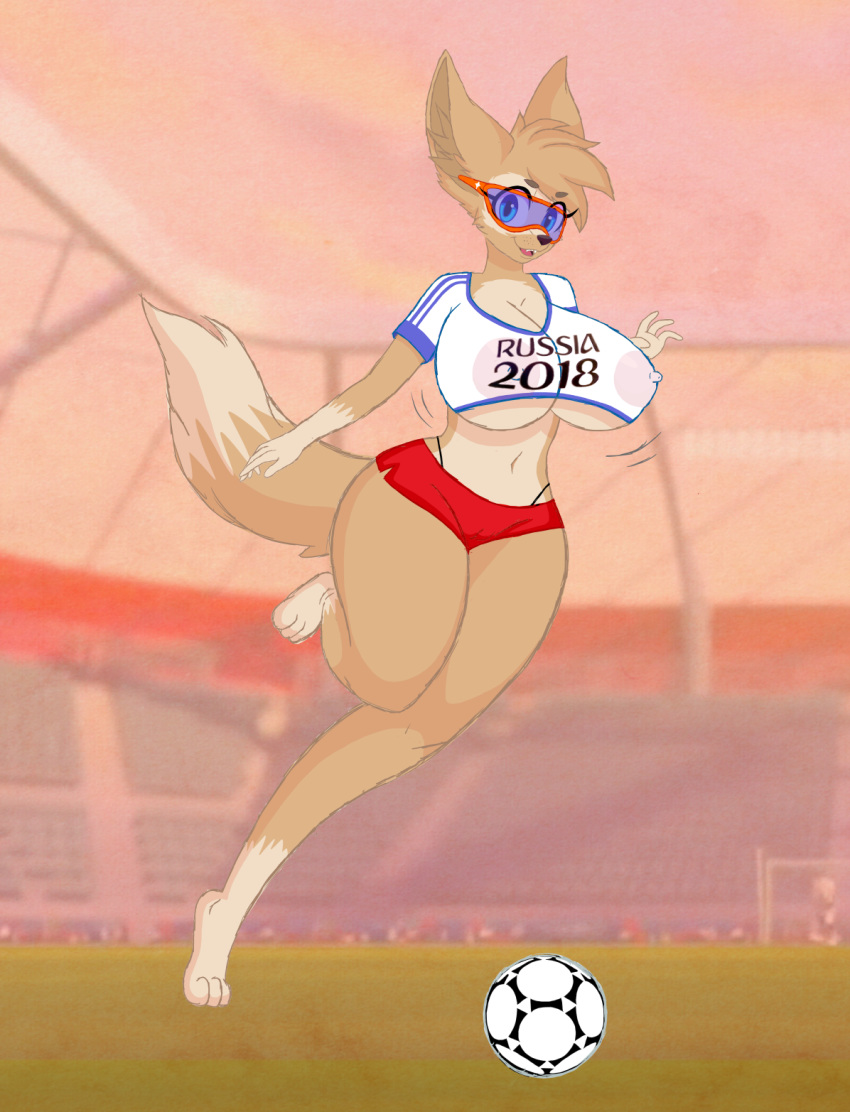 anthro ball big_breasts big_ears blue_eyes breasts camel_toe canid canine canis clothing cocaine-leopard crop_top crossgender curvaceous eyewear female fifa football_(disambiguation) goggles happy mammal mascot on_one_leg running sheer_clothing shirt shorts smile soccer soccer_ball soccer_field solo sport stadium standing thick_thighs translucent transparent_clothing under_boob uniform voluptuous wide_hips wolf world_cup zabivaka
