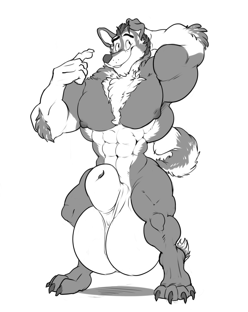 animal_genitalia anthro balls big_balls canid canine canis domestic_dog fully_sheathed greyscale hewge huge_balls hyper hyper_balls hyper_sheath male mammal monochrome muscular muscular_male nipples nude pecs sheath smile solo standing