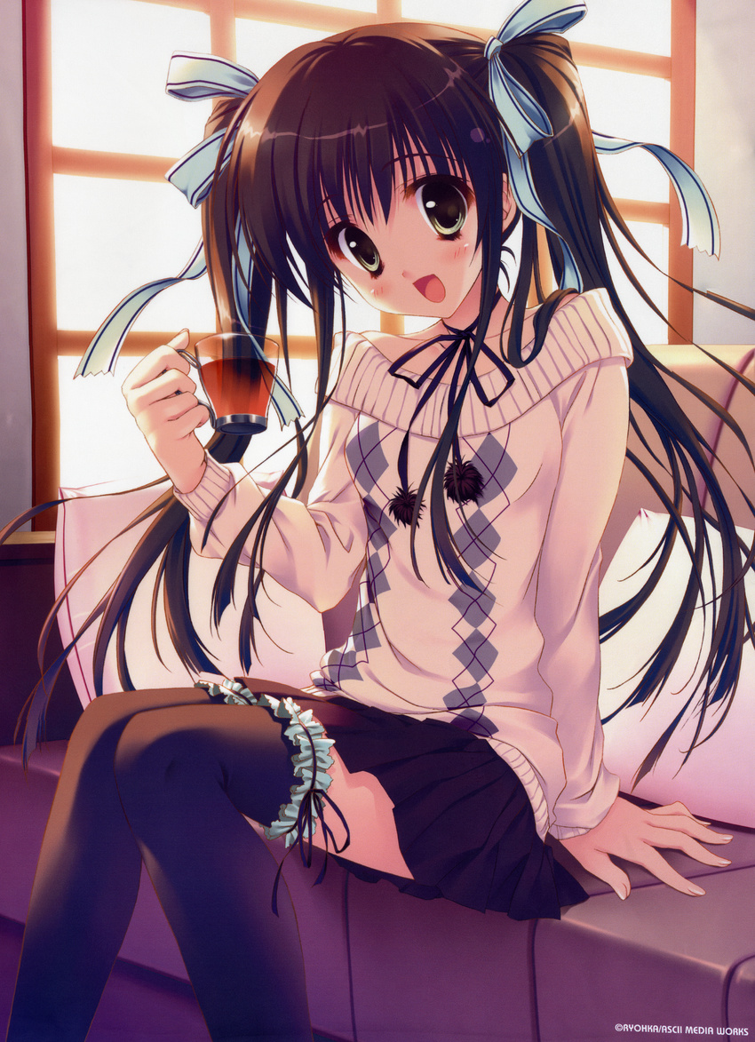 :d absurdres argyle argyle_sweater artist_name asahi_(ryouka) bangs black_legwear black_skirt blush brown_eyes brown_hair choker couch cup frilled_legwear hair_ribbon highres holding holding_cup huge_filesize indoors long_hair looking_at_viewer open_mouth original pillow pleated_skirt ribbon ribbon_choker ryouka_(suzuya) scan sidelocks sitting skirt smile solo sweater thighhighs twintails window