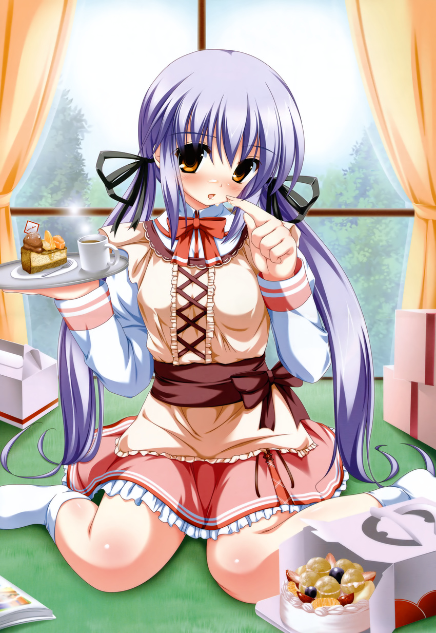 absurdres blush box cake cream cup dress finger_to_mouth food hair_ribbon highres huge_filesize love_delation! mug purple_hair ribbon sakura_mikan_(chirizakura) sitting socks tachibana_mimi tray wariza window yellow_eyes