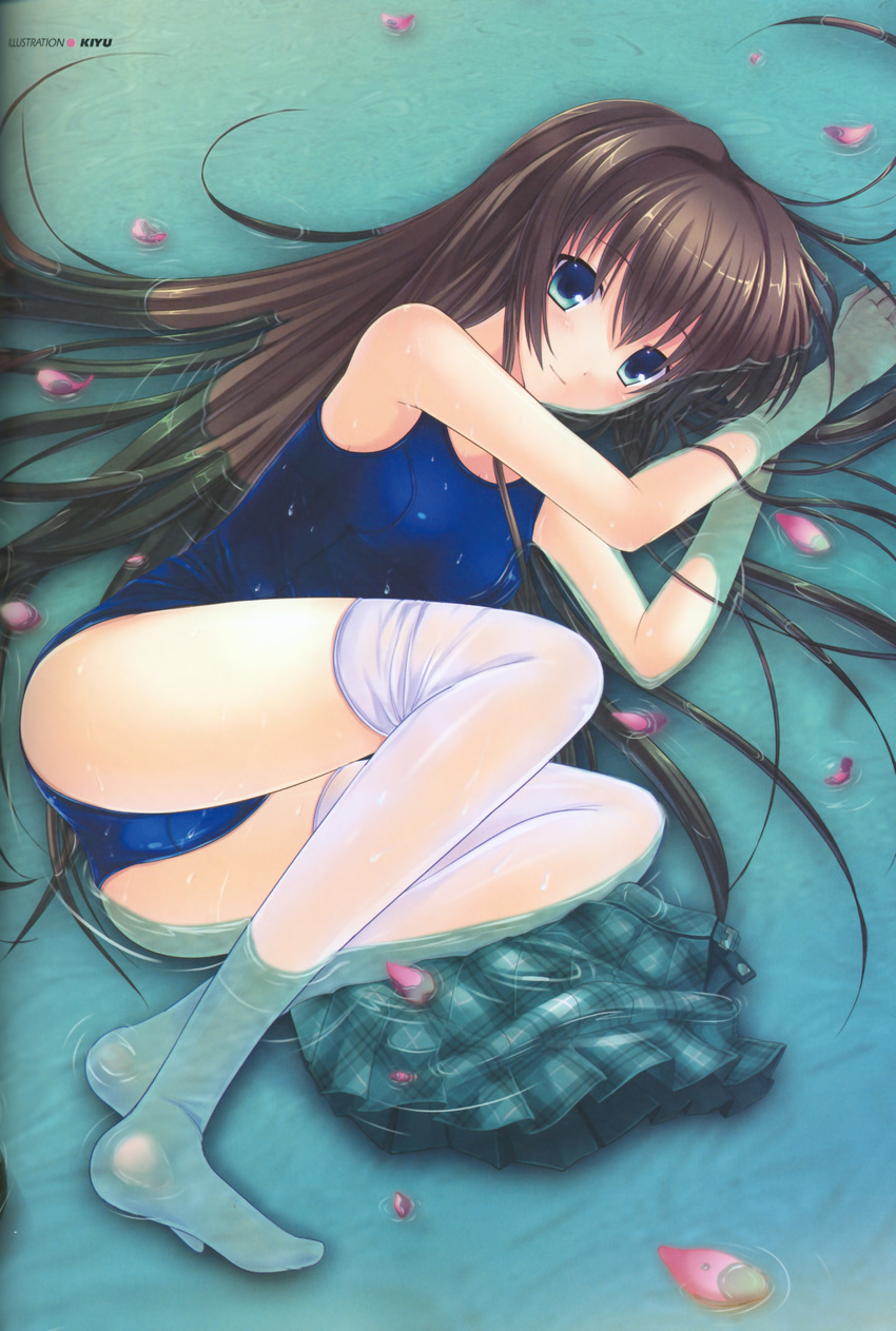 binding_discoloration kiyu school_swimsuit see_through swimsuits thigh-highs wet_clothes