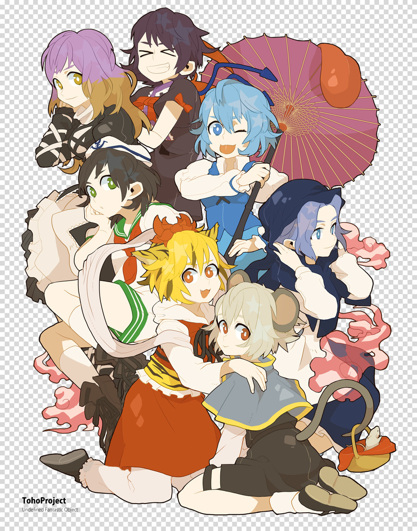 &gt;_&lt; animal_ears bad_id bad_pixiv_id black_hair blonde_hair blue_eyes blue_hair brown_hair closed_eyes everyone green_hair haruo_(clownberry) highres hijiri_byakuren hood houjuu_nue karakasa_obake kemonomimi_mode kumoi_ichirin long_hair mouse mouse_ears mouse_tail multicolored_hair multiple_girls murasa_minamitsu nazrin one_eye_closed orange_eyes purple_hair purple_umbrella red_eyes short_hair silver_hair tail tatara_kogasa tiger_ears tongue toramaru_shou touhou umbrella undefined_fantastic_object yellow_eyes