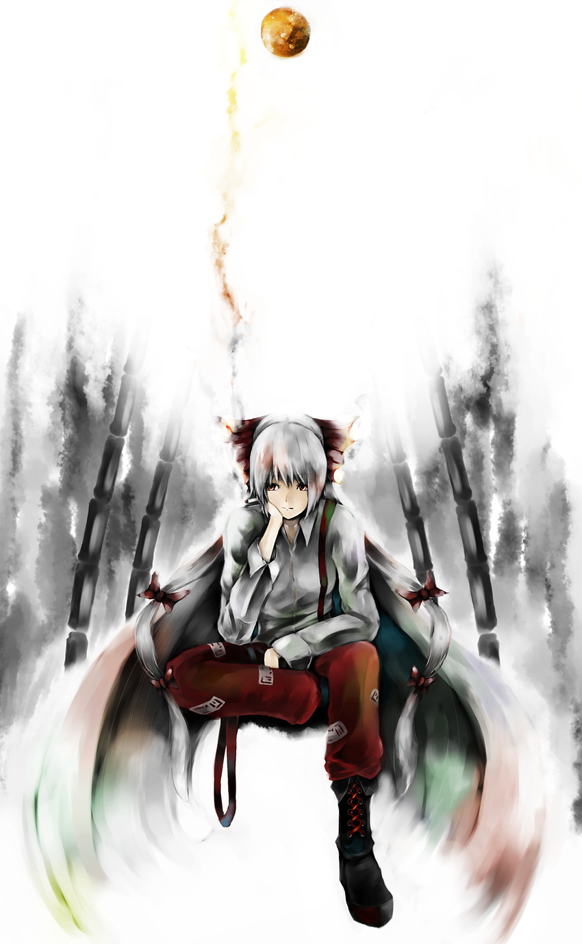 bad_id bad_pixiv_id bamboo bamboo_forest chin_rest cigarette forest fujiwara_no_mokou highres kanata_(kiduka) nature sitting solo touhou