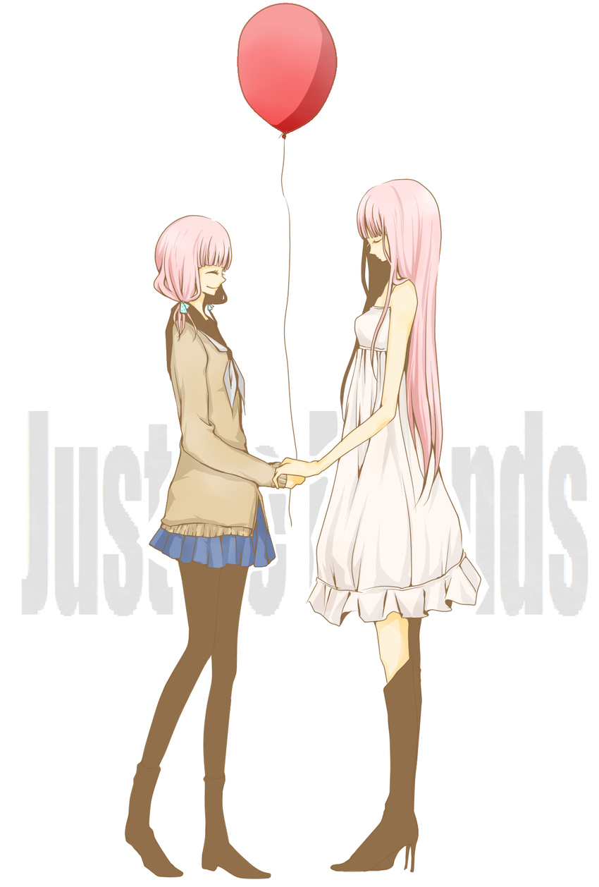 bad_id bad_pixiv_id balloon balordo boots closed_eyes dual_persona hair_ribbon high_heels highres holding_hands just_be_friends_(vocaloid) long_hair megurine_luka multiple_girls necktie pantyhose pink_hair ribbon school_uniform serafuku shoes short_hair skirt smile time_paradox vocaloid white_skirt