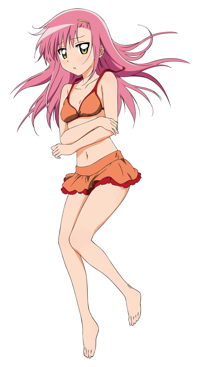 absurdres barefoot bikini blush feet flat_chest full_body hair_ornament hairclip hayate_no_gotoku! highres katsura_hinagiku legs long_hair orange_bikini pink_hair skirt solo swimsuit transparent_background vector_trace wardrobe_malfunction yellow_eyes