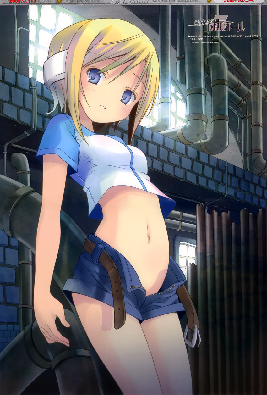 absurdres against_wall android bangs belly belt blonde_hair blue_eyes blush brick_wall cowboy_shot crop_top grin groin headphones highres ichimaru_(kowarekake_no_orgel) indoors kowarekake_no_orgel looking_at_viewer megami midriff navel no_nose no_panties non-web_source official_art open_fly parted_bangs pipe pop raglan_sleeves scan shirt short_hair short_shorts short_sleeves shorts sidelocks smile solo standing sunlight swept_bangs t-shirt undressing unzipped window