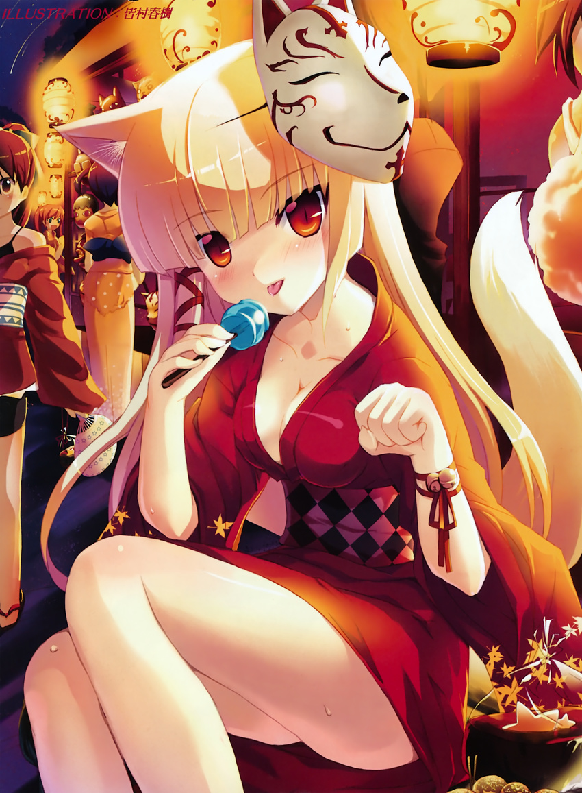 :p absurdres animal_ears bell blonde_hair breasts cleavage copyright_request festival fox_ears fox_mask fox_tail hair_ribbon highres huge_filesize japanese_clothes jingle_bell kimono large_breasts licking long_hair mask minamura_haruki orange_eyes paw_pose ribbon slit_pupils solo sweatdrop tail tongue tongue_out