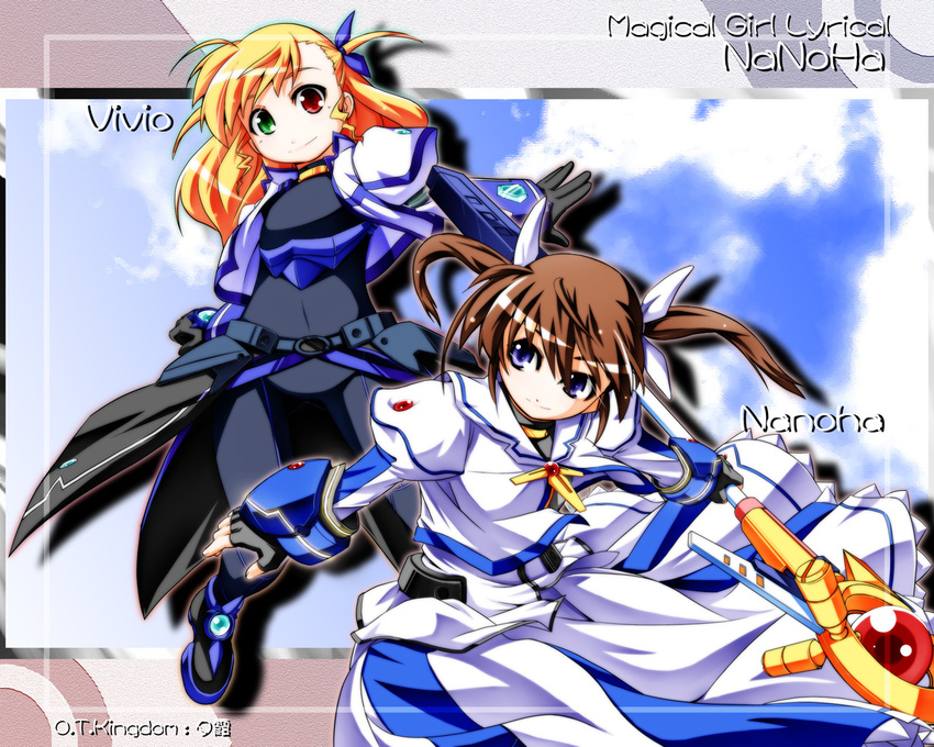 blonde_hair bodysuit brown_hair fingerless_gloves gloves heterochromia long_hair lyrical_nanoha magical_girl mahou_shoujo_lyrical_nanoha mahou_shoujo_lyrical_nanoha_the_movie_1st mahou_shoujo_lyrical_nanoha_vivid multiple_girls purple_eyes raising_heart takamachi_nanoha twintails vivio yuuka_(o.t.kingdom)