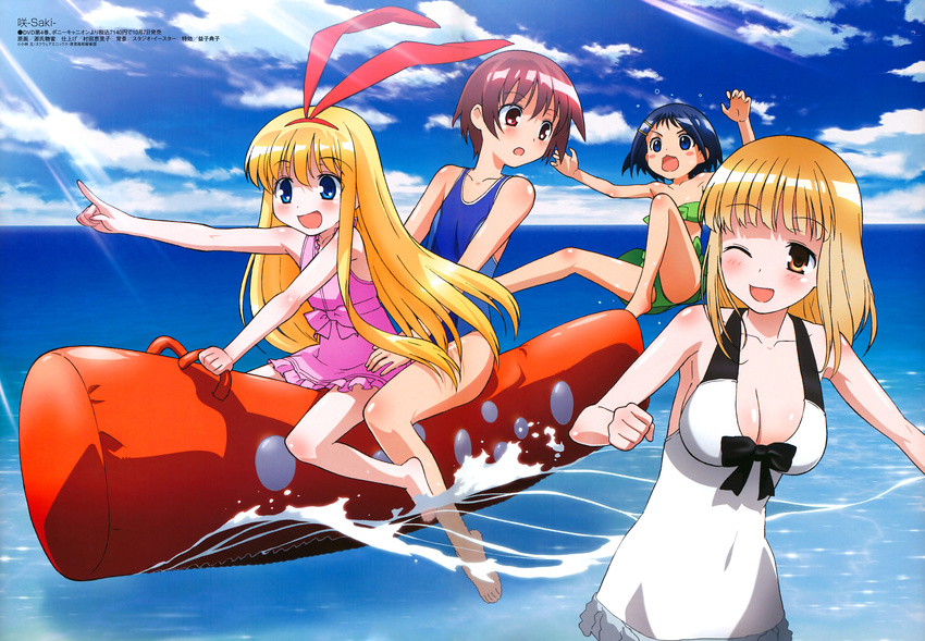 :o ;d absurdres age_difference amae_koromo animal_ears bandeau bangs barefoot bikini bikini_skirt blonde_hair blue_eyes blue_hair blue_swimsuit blunt_bangs blush blush_stickers body_blush bow breasts bunny_ears casual_one-piece_swimsuit chestnut_mouth child cleavage clenched_hand cloud competition_swimsuit covered_navel day fake_animal_ears falling flat_chest flying_sweatdrops frilled_swimsuit frills from_side fukuji_mihoko genji_toumitsu green_bikini hair_ornament hairband hairclip highres ikeda_kana inflatable_raft large_breasts leaning_back light_rays long_hair looking_afar megami miyanaga_saki multiple_girls multiple_riders non-web_source ocean official_art one-piece_swimsuit one_eye_closed open_mouth outdoors outstretched_arm outstretched_arms pink_hair pink_swimsuit pointing polka_dot red_eyes riding saki scan school_swimsuit shiny shiny_hair short_hair sidelocks sky smile splashing spread_arms standing sunbeam sunlight surprised swimsuit tomboy torso_grab v-shaped_eyebrows very_long_hair wading water yellow_eyes