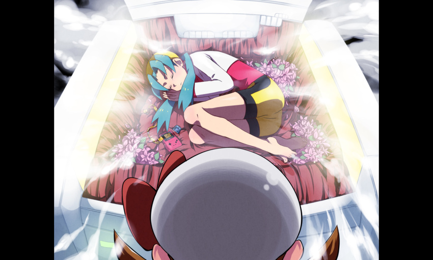 bad_id bad_pixiv_id barefoot bike_shorts blue_hair box brown_hair cabbie_hat closed_eyes crystal_(pokemon) feet fetal_position flower from_above game_boy game_boy_color gen_1_pokemon handheld_game_console hat hat_ribbon highres in_box in_container kmj kotone_(pokemon) link_cable multiple_girls parody pikachu pokemon pokemon_(creature) pokemon_(game) pokemon_gsc pokemon_hgss red_ribbon ribbon sleeping tengen_toppa_gurren_lagann twintails