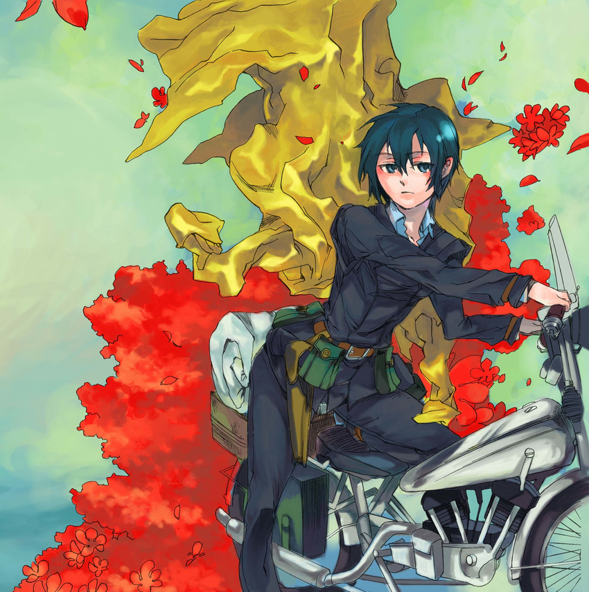 1girl coat flower gun hermes holster kino kino_no_tabi motorcycle petals short_hair solo tagme weapon yamanashi_kawanashi