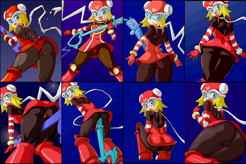 bent_over blonde_hair guitar harp_note hibiki_misora instrument isu pantyhose red_thong rockman ryusei_no_rockman thong