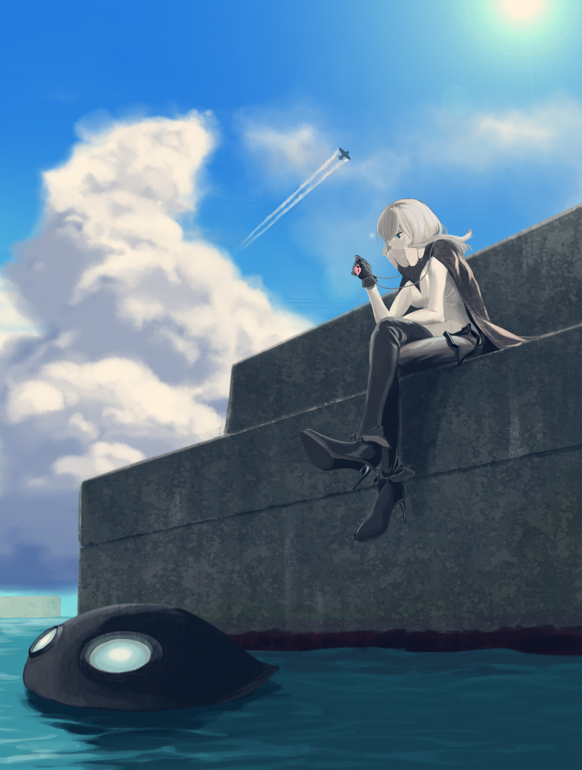 absurdres aircraft airplane blue_eyes bodysuit cape cloud collar commentary_request crossed_legs day elbow_on_knee gloves hat hat_removed headwear_removed heart-shaped_lock heart_lock_(kantai_collection) high_heels highres jewelry kantai_collection locket ocean pendant shinkaisei-kan sitting sky solo sun_glare suspenders temp-cho white_hair white_skin wo-class_aircraft_carrier