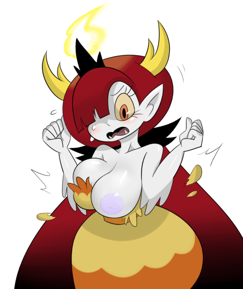 5_fingers blush breasts clothing crown demon dress egnahcio female front_view frown hair hair_over_eye hekapoo horn humanoid light_skin long_hair motion_lines nipples orange_eyes pale_skin pointy_ears portrait purple_nipples red_hair simple_background solo standing star_vs._the_forces_of_evil surprise sweat sweatdrop three-quarter_portrait torn_clothing wardrobe_malfunction white_background white_skin yellow_clothing yellow_sclera