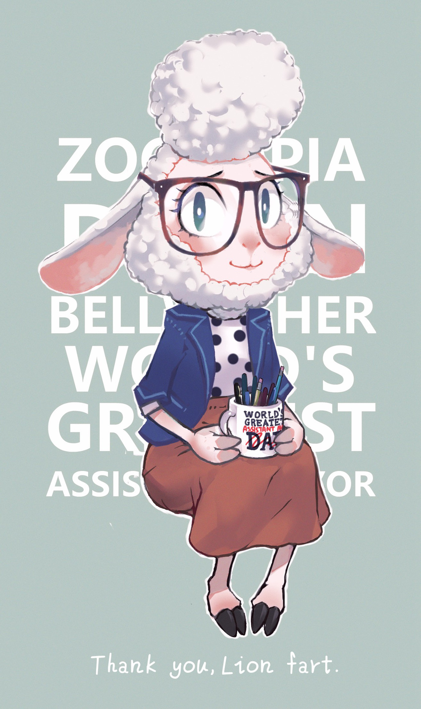 blue_eyes cup dawn_bellwether furry glasses highres holding jacket mug paws pen pencil sheep shirt sitting skirt smile solo white_hair xue_jiang_(simoncry) zootopia