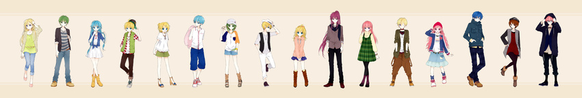 6+girls :d :o ;o absurdres ahoge alternate_costume alternate_hairstyle american_flag american_flag_print ankle_boots anzu_(o6v6o) arm_at_side arms_behind_back bangs bare_legs baseball_cap beanie beige_background belt belt_boots black-framed_eyewear black_footwear black_legwear black_pants black_scarf blazer blonde_hair blouse blue_eyes blue_footwear blue_hair blue_legwear blue_pants blue_shorts blue_skirt boots bow bowtie bracelet braid brown_footwear brown_pants buttons capri_pants carrying_over_shoulder clothes_writing collar collared_shirt cross-laced_footwear crossed_ankles dress dress_shirt earrings eyelashes eyewear_removed fashion flag_print frills front-tie_top fur_boots fur_trim genderswap genderswap_(ftm) genderswap_(mtf) glasses green_eyes green_hair green_shorts grey_footwear grey_hat grin gumi gumiya hair_between_eyes hair_bun hair_ornament hair_over_shoulder hair_scrunchie half_updo hand_in_pocket hand_on_headwear hand_on_own_head hand_to_own_mouth hands_in_pockets hands_on_headwear hat hatsune_miku hatsune_mikuo heart heart_necklace high_heel_boots high_heels highres holding holding_hair hood hood_down hood_up hoodie horizontal_stripes interlocked_fingers jacket jacket_removed jewelry kagamine_len kagamine_lenka kagamine_rin kagamine_rinto kaito kamui_gakupo key knee_boots kneehighs knees_together_feet_apart lace lace-trimmed_shirt lace-trimmed_sleeves leg_warmers legs_apart lily_(vocaloid) lineup lio_(vocaloid) long_hair long_image long_sleeves looking_at_another looking_at_viewer looking_away megurine_luka megurine_luki meiko miniskirt multicolored_bow multiple_boys multiple_girls necklace one_eye_closed open_blazer open_clothes open_jacket open_mouth open_shirt own_hands_together pants pants_rolled_up pantyhose pendant pink_footwear pink_hair plaid plaid_dress plaid_pants plaid_shirt polka_dot ponytail print_bow profile purple_eyes purple_legwear raglan_sleeves red_eyes red_footwear red_hat ring sandals scarf scrunchie sf-a2_miki shirt shoes short_hair short_sleeves shorts simple_background skirt sleeves_rolled_up smile sneakers standing standing_on_one_leg striped stud_earrings surprised suspenders swept_bangs t-shirt thigh_gap toenail_polish turtleneck twin_braids twintails unbuttoned undershirt v_arms very_long_hair vest vocaloid watch white_blouse white_dress white_hat wide_image wristband wristwatch x_hair_ornament yellow-framed_eyewear yellow_footwear yellow_legwear