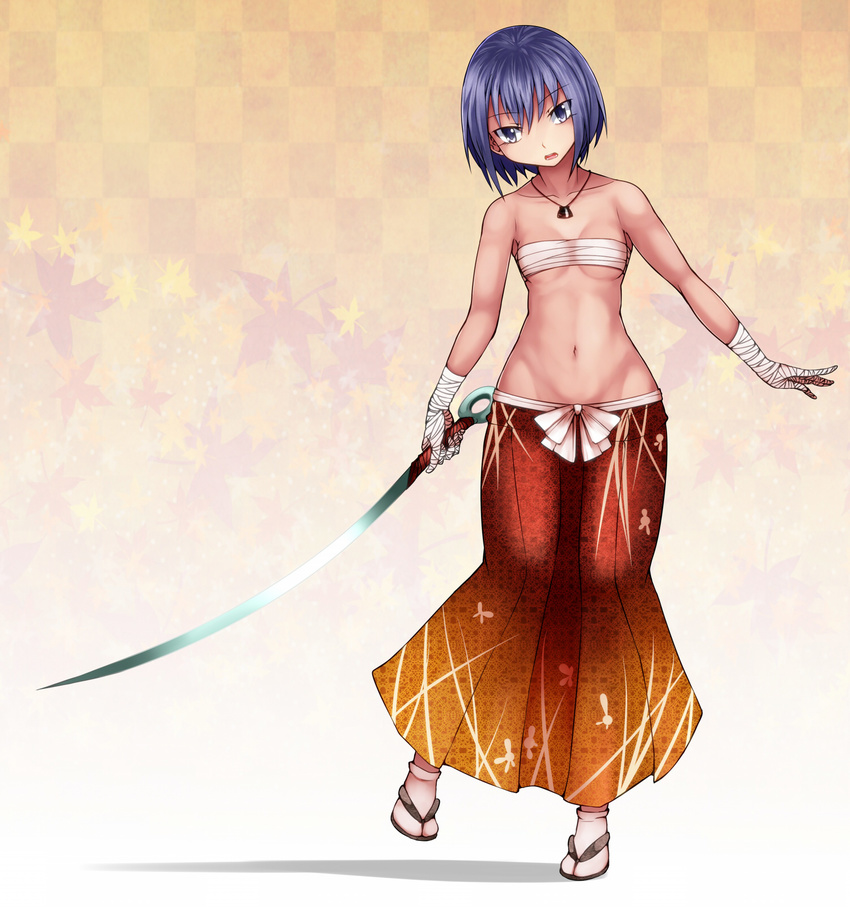 aoshima bandages bangs bowl checkered checkered_background collarbone commentary_request eyebrows eyebrows_visible_through_hair full_body head_tilt highres holding_needle jewelry long_skirt lowleg_skirt midriff navel needle needle_sword open_mouth pendant purple_eyes purple_hair sandals sarashi short_hair skirt solo standing standing_on_one_leg sukuna_shinmyoumaru sword tabi teeth touhou weapon