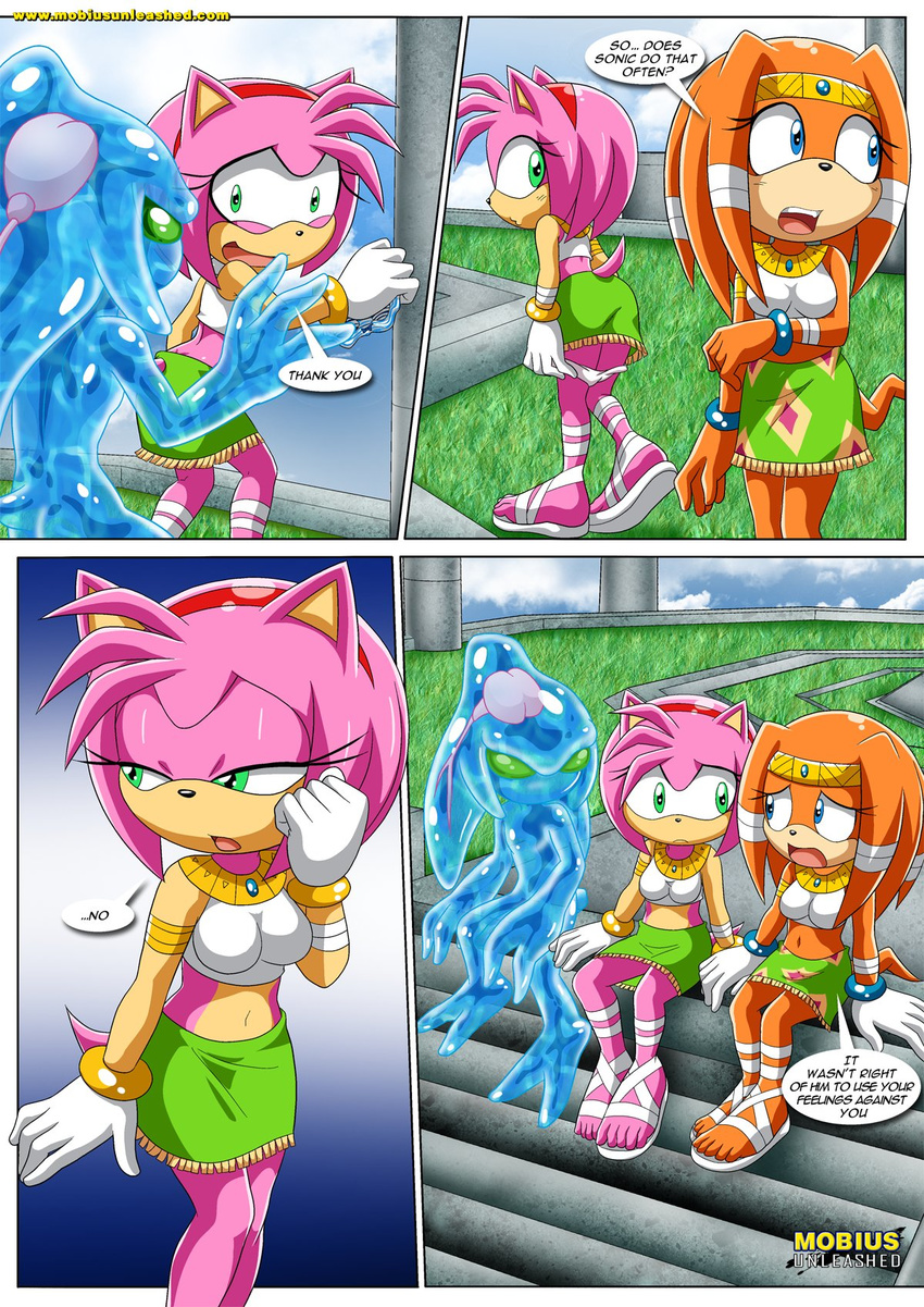 2016 amy_rose bbmbbf blush chaos_(sonic) clothing cloud comic crown echidna female footwear gloves grass hairband half-closed_eyes hedgehog male mammal mobius_unleashed monotreme navel palcomix panties sandals scared shirt skirt sky sonic_(series) squint stairs text tiara tikal_the_echidna underwear