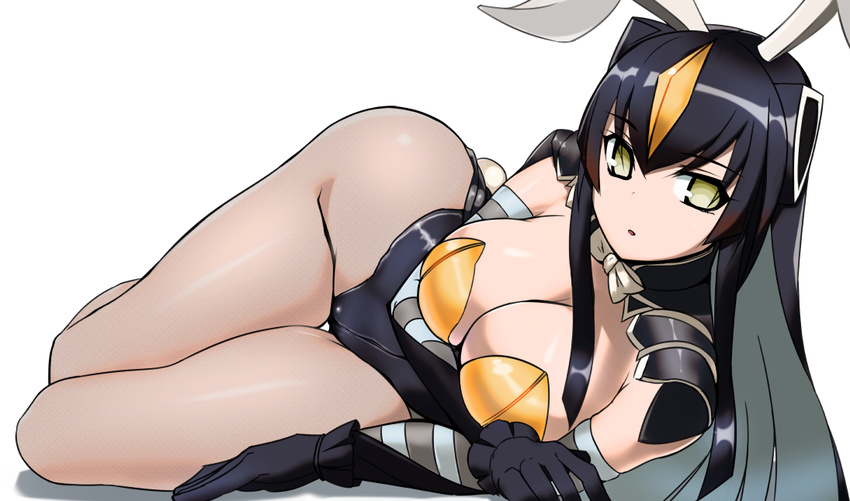 :o aegis_(nerocc) animal_ears bangs black_gloves black_hair breasts bunny_tail cape cleavage frills gloves green_eyes hair_between_eyes large_breasts leotard long_hair looking_at_viewer multicolored_hair one_side_up pantyhose personification see-through simple_background solo strapless strapless_leotard striped tail thigh_gap ultra_kaijuu_gijinka_keikaku ultra_series white_background zetton