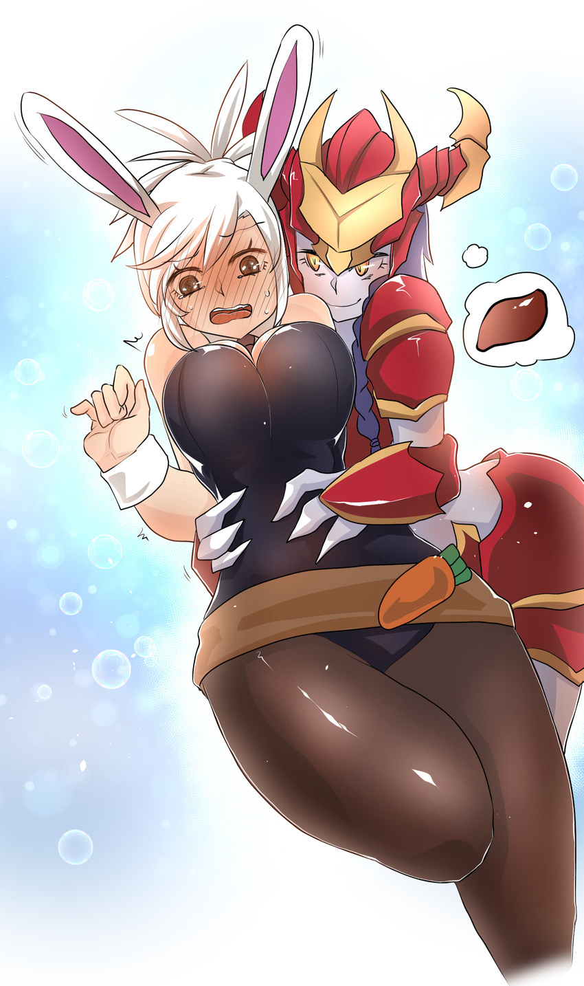 absurdres armor battle_bunny_riven blue_hair breasts brown_eyes bunnysuit helmet highres hug large_breasts league_of_legends long_hair moonjunk multiple_girls nervous pantyhose ponytail purple_skin riven_(league_of_legends) short_hair shyvana smile sweat tears thought_bubble waist_hold waist_hug white_hair wrist_cuffs yellow_eyes yuri