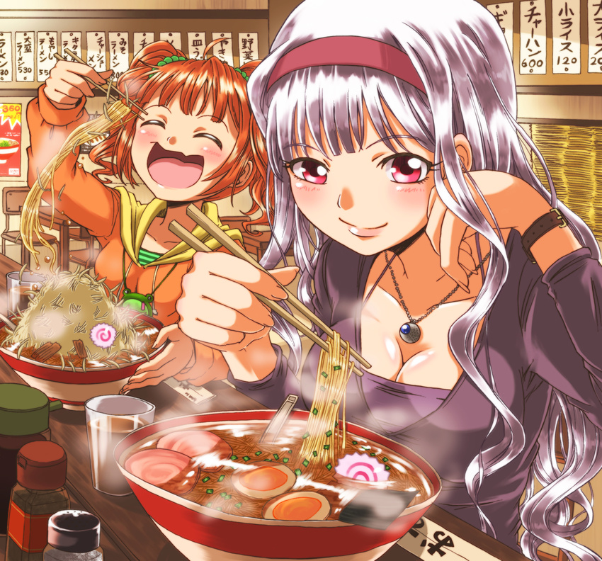 ahoge bean_sprout breasts chopsticks cleavage closed_eyes eating egg food hairband highres idolmaster idolmaster_(classic) indoors jewelry kamaboko long_hair looking_at_viewer medium_breasts menma multiple_girls narutomaki necklace noodles open_mouth orange_hair purple_hairband ramen red_eyes shijou_takane silver_hair smile steam takatsuki_yayoi twintails watch wristwatch zatou_(kirsakizato)