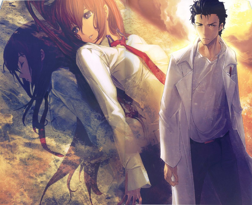 1girl black_hair blue_eyes brown_eyes brown_hair closed_eyes huke labcoat makise_kurisu necktie official_art okabe_rintarou one_eye_closed pen_in_pocket red_neckwear shirt steins;gate white_shirt