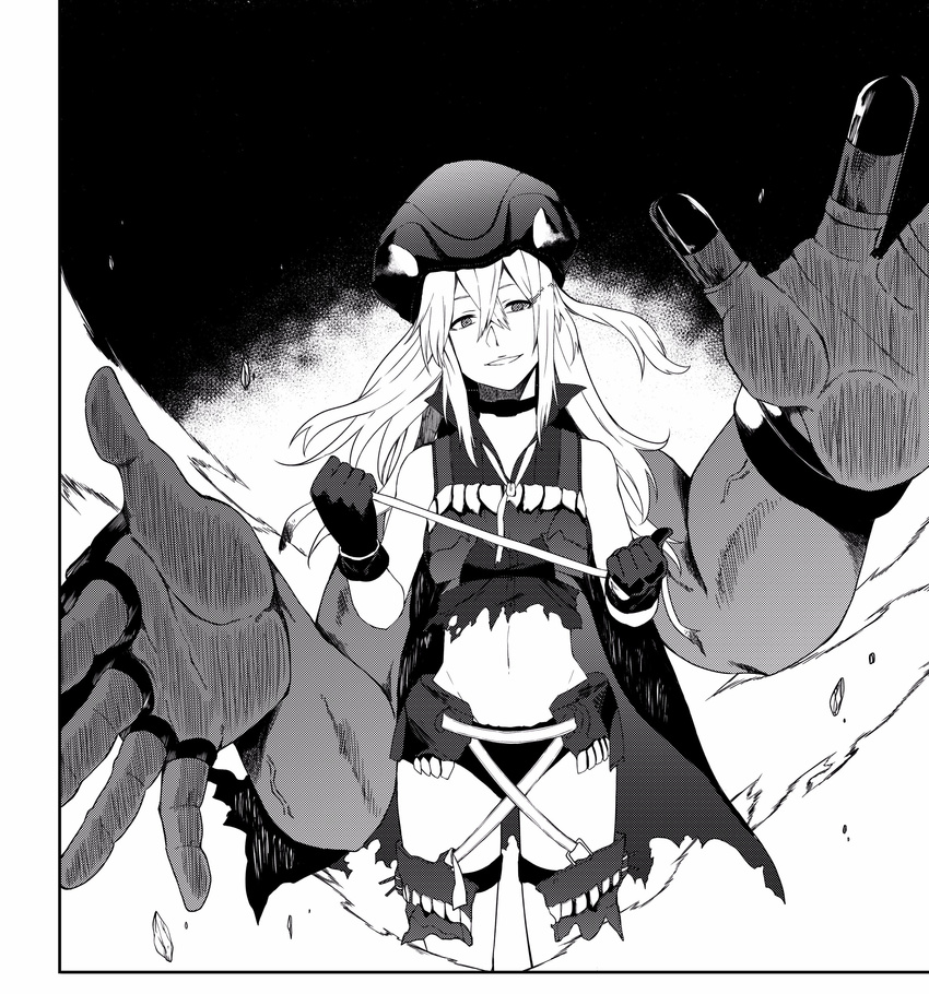 absurdres bare_shoulders black_gloves choker destroyer_water_oni gloves greyscale helmet highres kantai_collection long_hair monochrome open_mouth pose ribbon shinkaisei-kan solo torn_clothes tsukamoto_minori