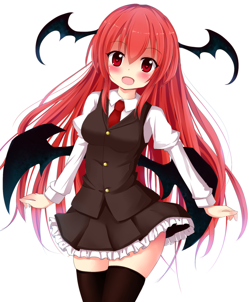 :d bat_wings black_legwear blush head_wings heart heart-shaped_pupils highres koakuma long_hair long_sleeves looking_at_viewer low_wings necktie open_mouth puffy_sleeves red_eyes red_hair shirt skirt skirt_set smile solo suigetsu_(watermoon-910) symbol-shaped_pupils thighhighs touhou transparent_background vest wings zettai_ryouiki