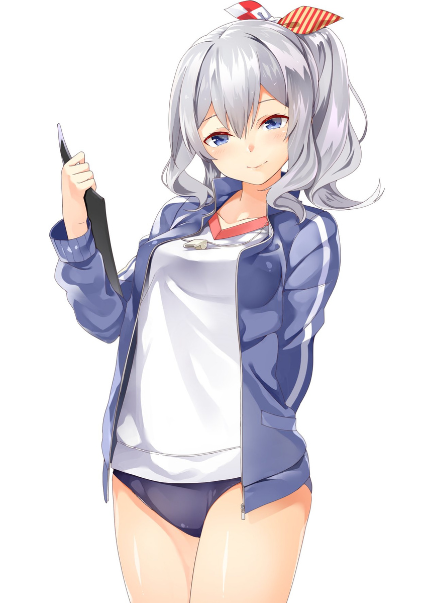 alternate_hairstyle blue_eyes blush buruma byte_(allbyte) clipboard commentary_request gym_uniform highres jacket jewelry kantai_collection kashima_(kantai_collection) long_hair looking_at_viewer necklace open_clothes open_jacket panties panties_under_buruma side_ponytail sidelocks silver_hair smile solo track_jacket tsurime underwear wavy_hair whistle