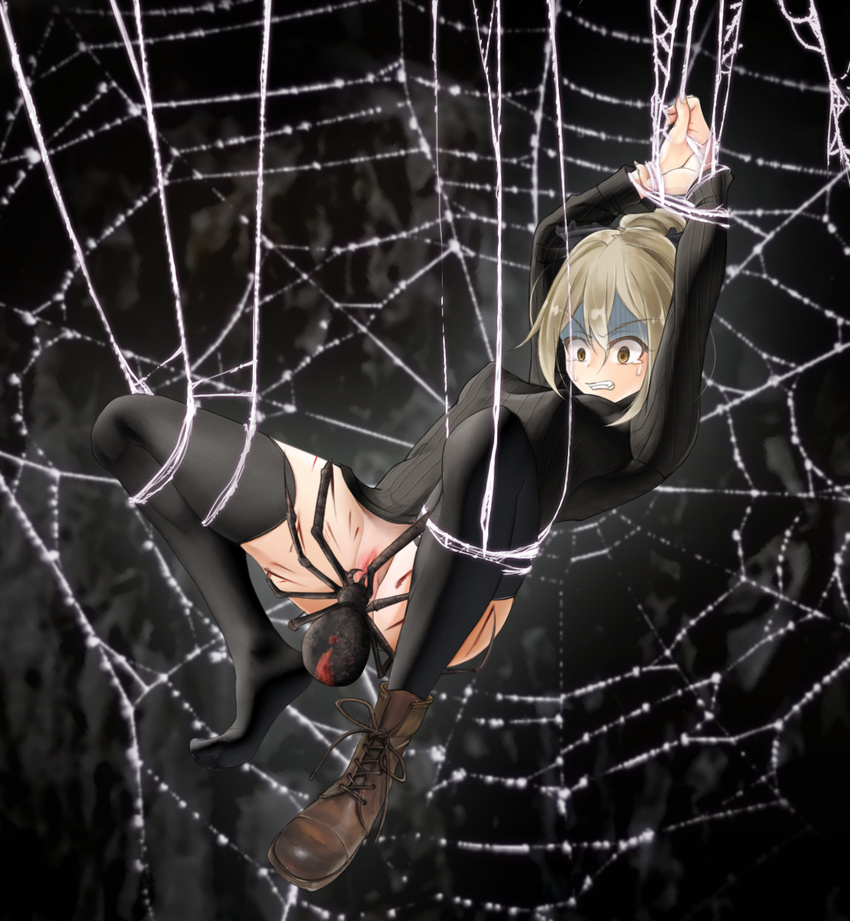 arms_up bad_id bad_pixiv_id banned_artist bestiality black_legwear blonde_hair boots bottomless bug clenched_teeth hanging highres imminent_rape kurodani_yamame long_sleeves monster naked_sweater pussy restrained ribbed_sweater scared shaded_face shocked_eyes silk solo spider spider_web spread_legs sweater tears teeth thighhighs thighs touhou tsushima_(kaikyo) yellow_eyes
