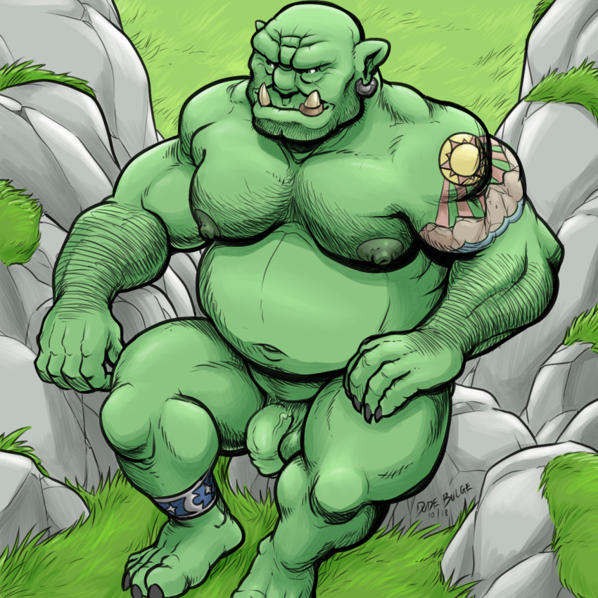 2018 5_fingers 5_toes anklet balls dudebulge ear_piercing flaccid front_view grass green_body high-angle_view humanoid humanoid_penis jewelry looking_aside male musclegut navel nipples not_furry nude orc outside penis piercing signature sitting solo tattoo toes uncut vein veiny_penis