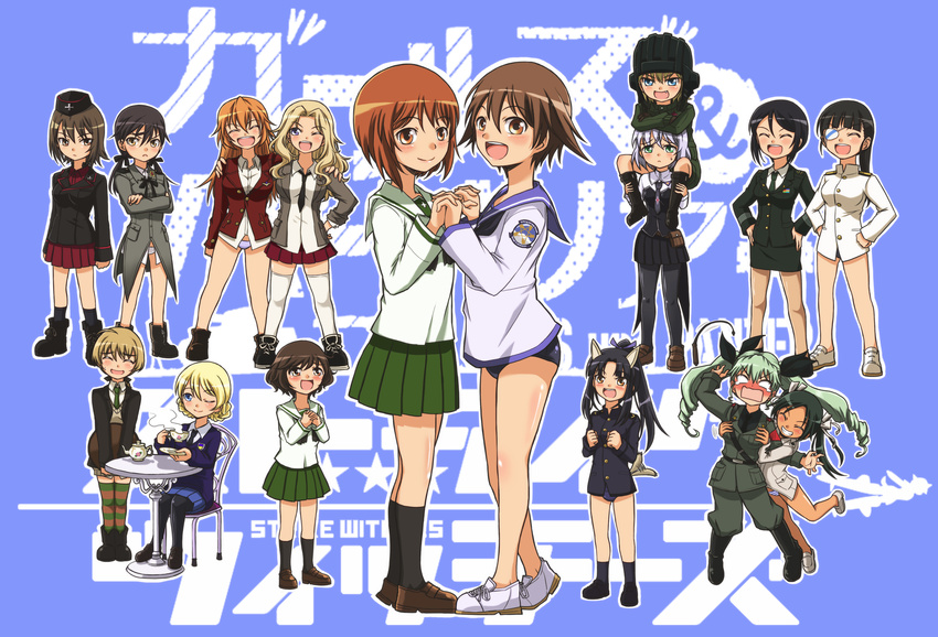 :&lt; ahoge akiyama_yukari anchovy animal_ears anzio_military_uniform arm_around_shoulder belt black_footwear black_hair black_shirt blank_eyes blonde_hair blue_eyes blush boots braid breast_grab brown_eyes brown_hair carrying charlotte_e_yeager chouno_ami closed_eyes combat_boots crossed_arms crossover cup darjeeling dog_ears dog_tail dress_shirt drill_hair eyepatch fang francesca_lucchini gertrud_barkhorn girls_und_panzer grabbing green_eyes green_hair grey_jacket grey_pants hair_ribbon hands_on_hips hat hattori_shizuka highres holding_hands jacket japan_ground_self-defense_force japan_self-defense_force katyusha kay_(girls_und_panzer) knee_boots kuromorimine_military_uniform long_sleeves lynette_bishop military military_uniform miyafuji_yoshika multiple_girls necktie nishizumi_maho nishizumi_miho one_eye_closed ooarai_school_uniform open_mouth orange_eyes orange_hair panties pants pantyhose pleated_skirt ponytail pravda_military_uniform purple_eyes ribbon riding_crop sakamoto_mio sanya_v_litvyak saunders_school_uniform school_swimsuit school_uniform shirt shoes shoulder_belt shoulder_carry silver_hair sitting skirt smile sneakers st._gloriana's_school_uniform strike_witches striped striped_legwear striped_panties sweatdrop swimsuit swimsuit_under_clothes tail tail_wagging teacup teapot tears thighhighs tray twintails underwear uniform wavy_mouth world_witches_series yellow_eyes zatou_(kirsakizato)