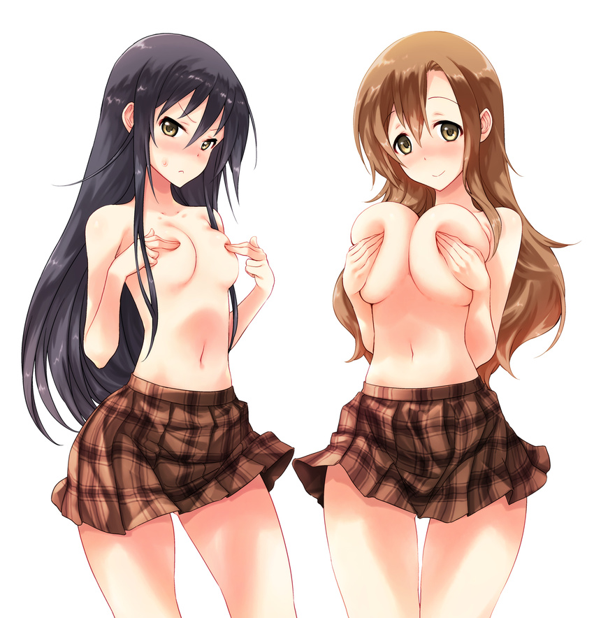 :&lt; amakusa_shino black_hair blush breast_squeeze breasts brown_eyes brown_hair brown_skirt closed_mouth collarbone covering covering_breasts covering_nipples cowboy_shot fuyube_rion hair_between_eyes highres large_breasts long_hair looking_at_viewer md5_mismatch multiple_girls navel nose_blush plaid plaid_skirt seitokai_yakuindomo shichijou_aria simple_background skirt standing stomach tareme thigh_gap topless tsurime v-shaped_eyebrows very_long_hair white_background