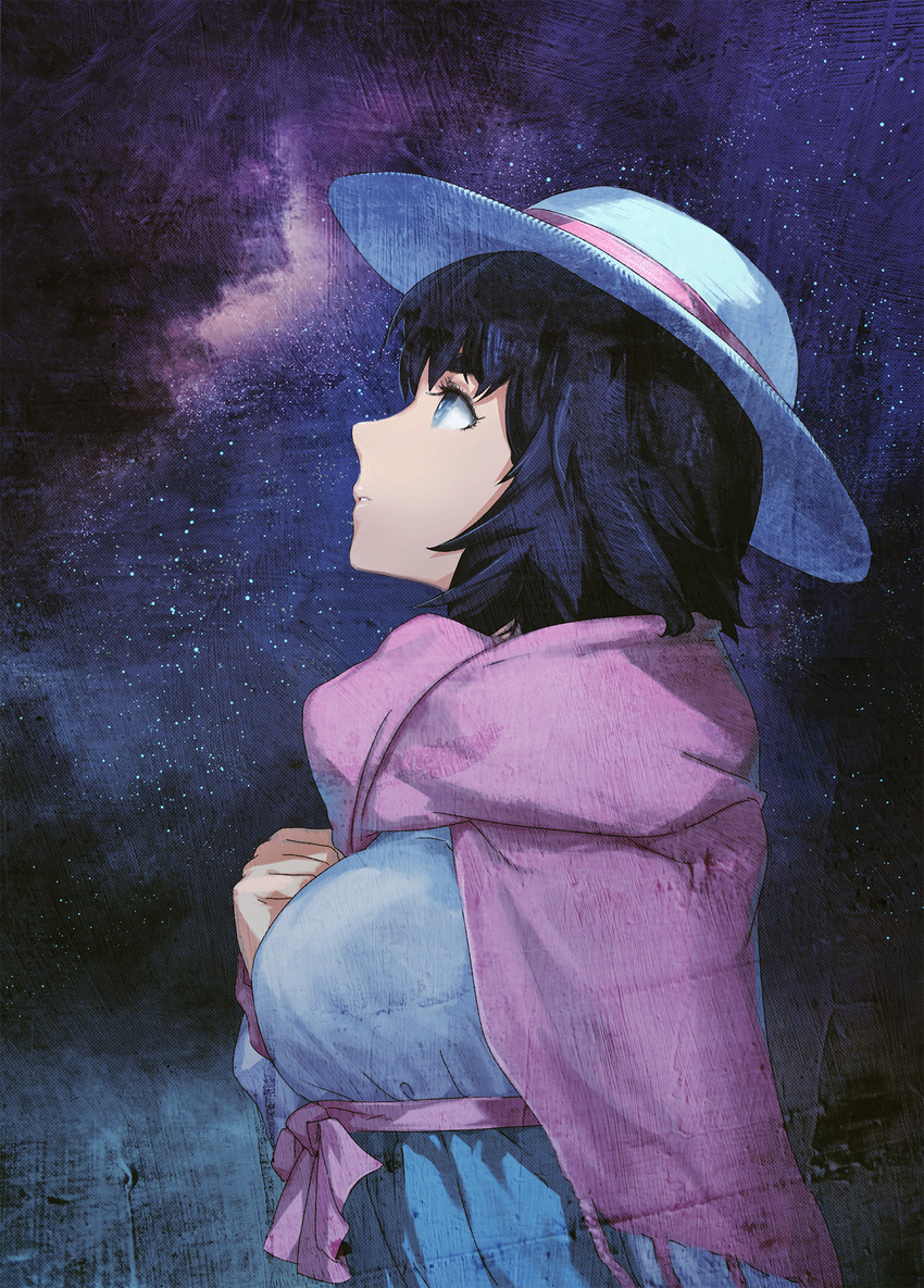 absurdres black_hair blue_dress blue_eyes blue_hat breasts dress from_side hat highres huke looking_up medium_breasts official_art shiina_mayuri short_hair solo steins;gate sun_hat upper_body