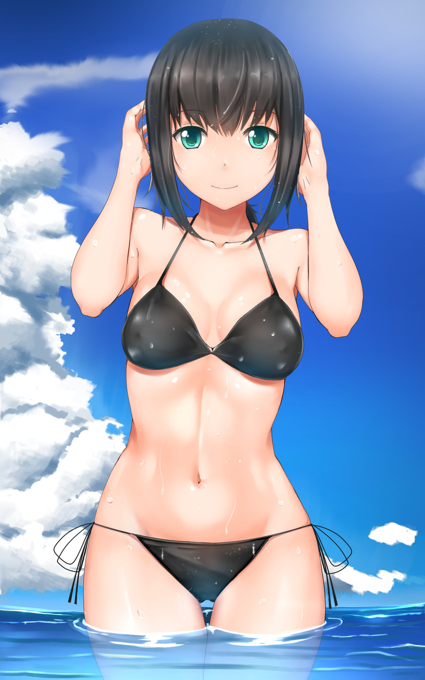 aqua_eyes bikini black_bikini black_hair blue_sky breasts chiyo_goya cloud collarbone commentary day english_commentary fubuki_(kantai_collection) highres kantai_collection low_ponytail medium_breasts navel ocean short_hair sky smile solo stomach swimsuit wading water wet