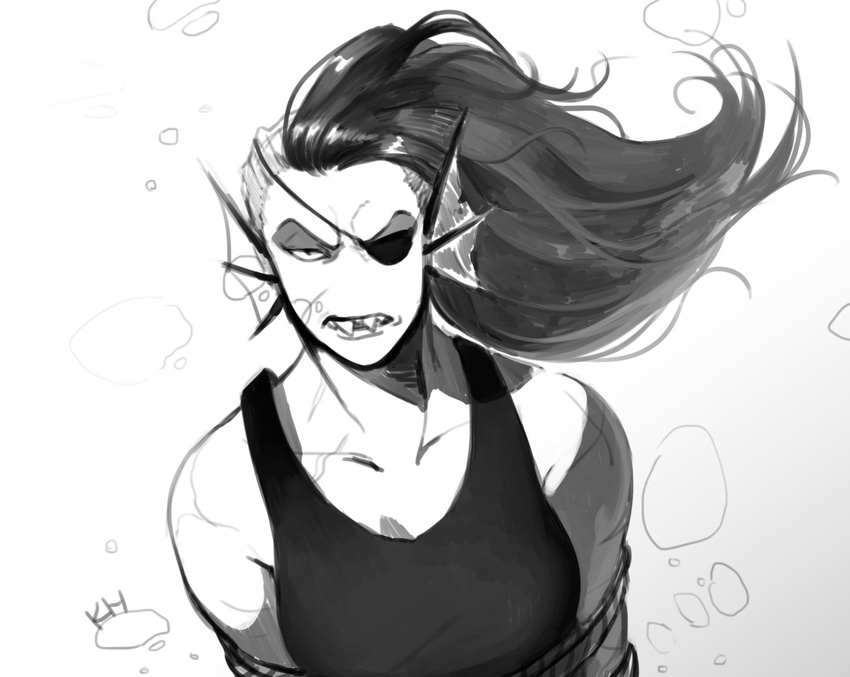 2016 anthro black_and_white bound breasts clothed clothing eye_patch eyewear fangs female fish hair kkhoppang long_hair marine monochrome portrait restrained rope scar sharp_teeth simple_background sketch solo teeth undertale undyne video_games