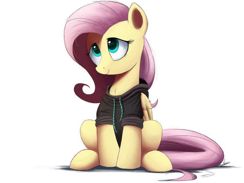 2016 clothed clothing cute equine female feral fluttershy_(mlp) friendship_is_magic fur hair hi_res hoodie looking_up mammal my_little_pony ncmares pegasus pink_hair simple_background sitting smile solo white_background wings yellow_fur