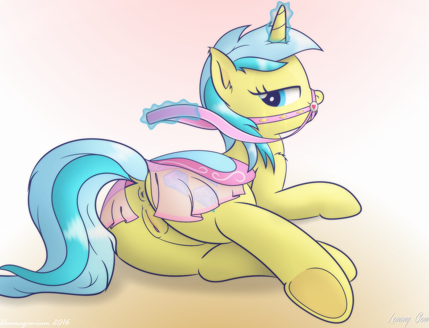 &lt;3 2016 anus bedroom_eyes bluemeganium butt clothing cutie_mark dock equine female feral friendship_is_magic glowing hair half-closed_eyes horn lemony_gem_(mlp) looking_back lying magic mammal multicolored_hair my_little_pony on_side pussy saddle seductive solo translucent transparent_clothing two_tone_hair underhoof unicorn