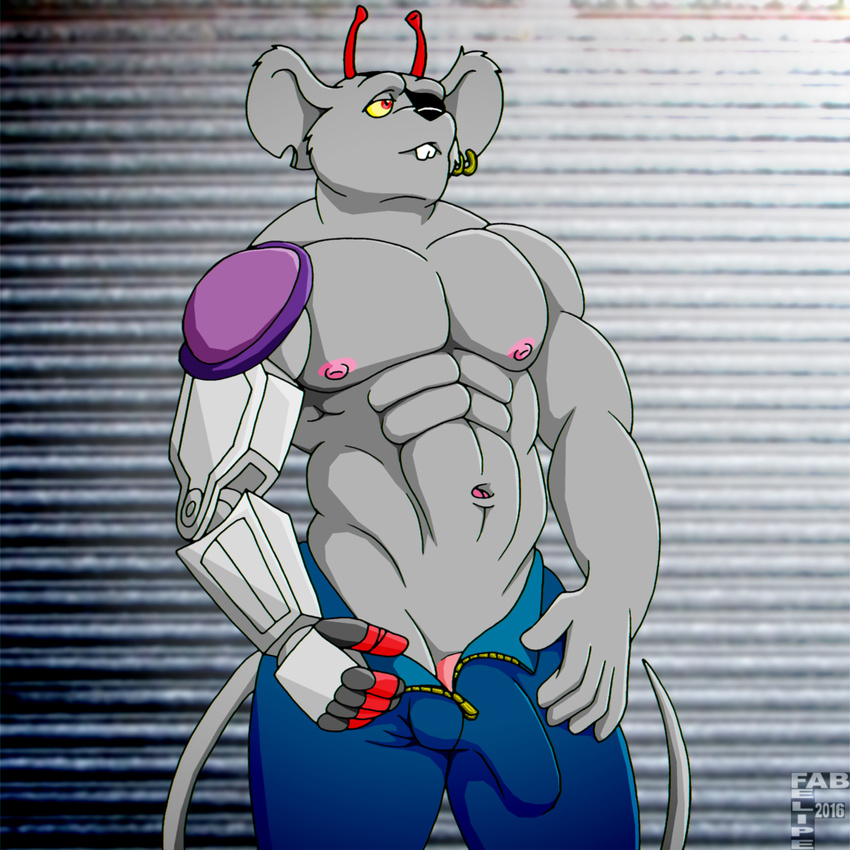 abs alien antennae anthro athletic belt biceps big_muscles biker_mice_from_mars black_nose bulge clothed clothing ear_piercing eye_patch eyewear fabfelipe fur grey_fur hi_res lying male mammal modo mouse muscular muscular_male on_back pants piercing pinup pose red_eyes robotic_arm rodent solo standing teeth undressing zipper