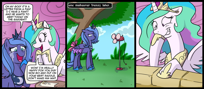 2011 blue_eyes blue_feathers blue_fur blue_hair blush bow bush cloud comic crying dialogue duo english_text equine fan feathered_wings feathers female feral friendship_is_magic fur grass green_hair hair happy horn humor madmax mammal mean multicolored_hair my_little_pony outside princess_celestia_(mlp) princess_luna_(mlp) pun purple_eyes purple_fur purple_hair royalty sibling sisters sky tears teeth text tree trick trolling white_feathers white_fur white_sclera winged_unicorn wings