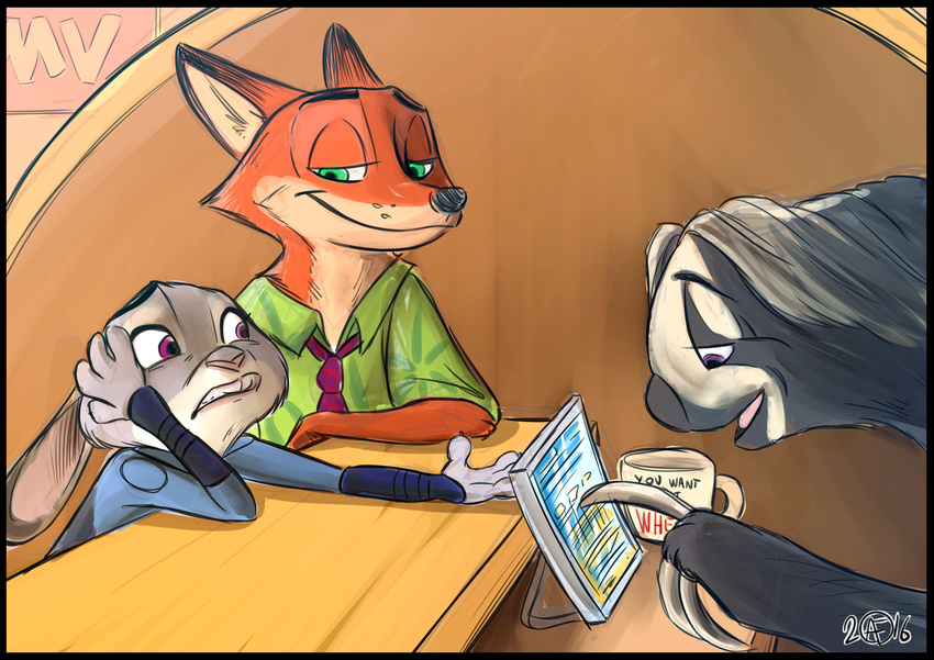 2016 absurd_res anthro buckteeth canine claws clenched_teeth clothing disney flash_(zootopia) fox fur green_eyes grey_fur group hand_on_head hi_res inner_ear_fluff inside judy_hopps lagomorph long_ears looking_back male mammal nick_wilde orange_fur police_uniform purple_eyes rabbit sefirosu-chan size_difference sloth smirk teeth uniform zootopia